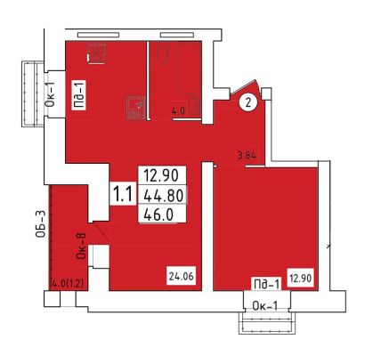 1 комн. квартира 46 кв.м.