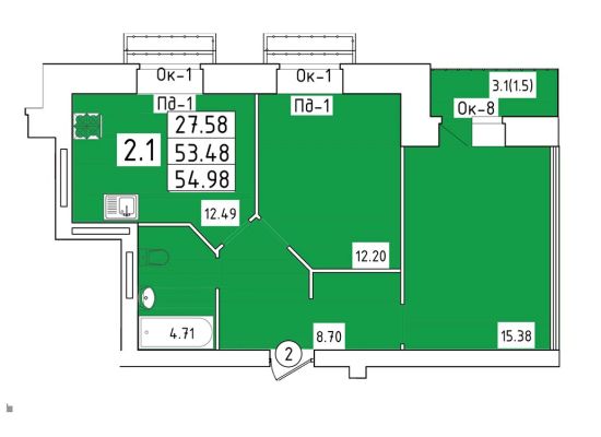 2-х комн. квартира 55 кв.м.