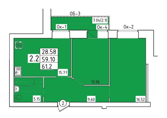 2-х комн. квартира 61,2 кв.м.